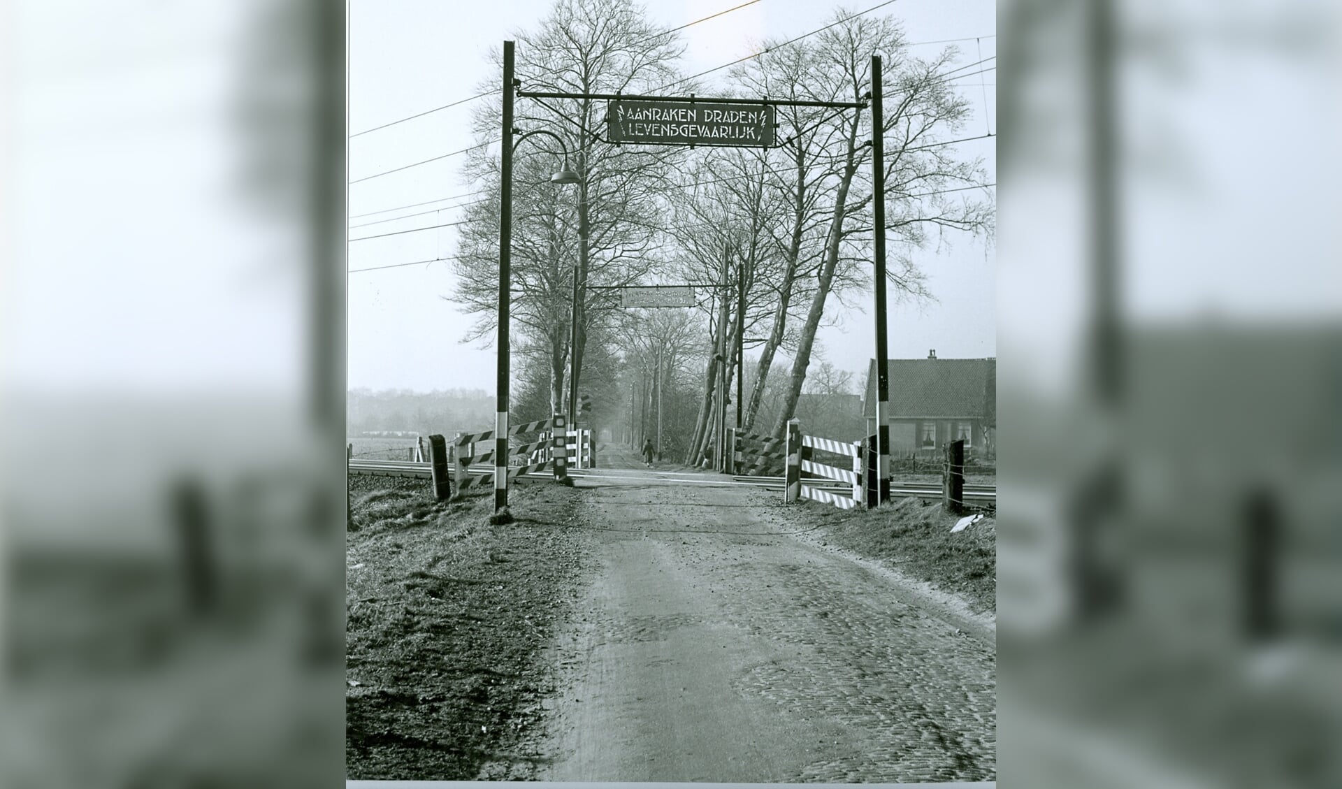 Voorbij de onbewaakte spoorwegovergang liep in 1959 de Leijenseweg nog het  agrarische gebied in. Rechts de boerderij Leijenhoeve. 
