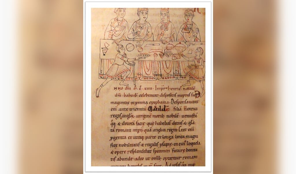 Afbeelding van koningin Mathilde, 12e eeuw. (Parker Library, Corpus Christi College, Cambridge.)