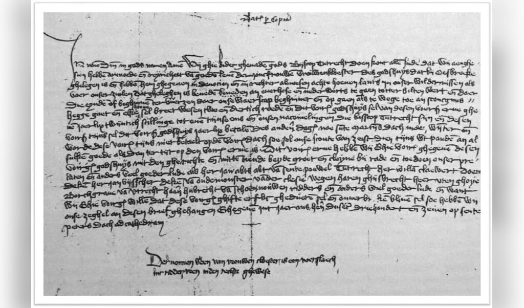 Pas eeuwen later komt voor het eerst het woord De Bilt voor. In een oorkonde in het Utrechts Archief. Zie regel 4 van deze oorkonde van bisschop Gwijde van Avesnes van 1307: 