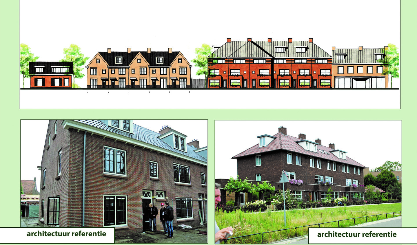Beeld van de geplande woningen: 2e links het beeld van de 2 woningen van 2 bouwlagen met kap en de 3e van links, het beeld van de woningen van 3 bouwlagen met kap.