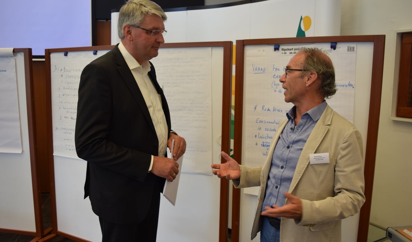 Na het onderling brainstormen werden de suggesties door gespreksleider René Borkus (r) uitgereikt aan initiatiefnemer Johan Slootweg.