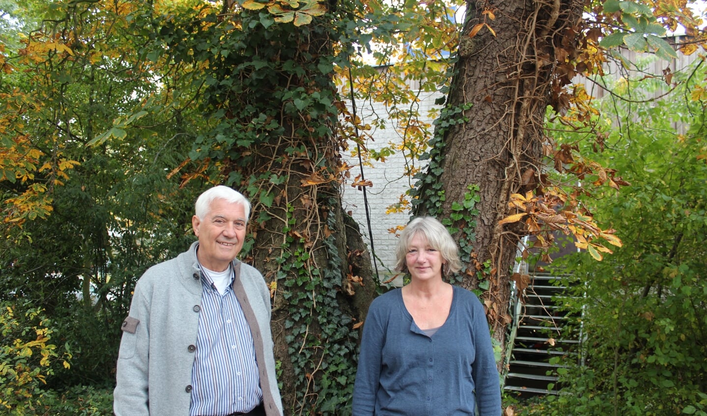Rienk Miedema en Ellen Drees bij een oude kastanjeboom naast de uitgang van de parkeergarage onder de Kwinkelier. 