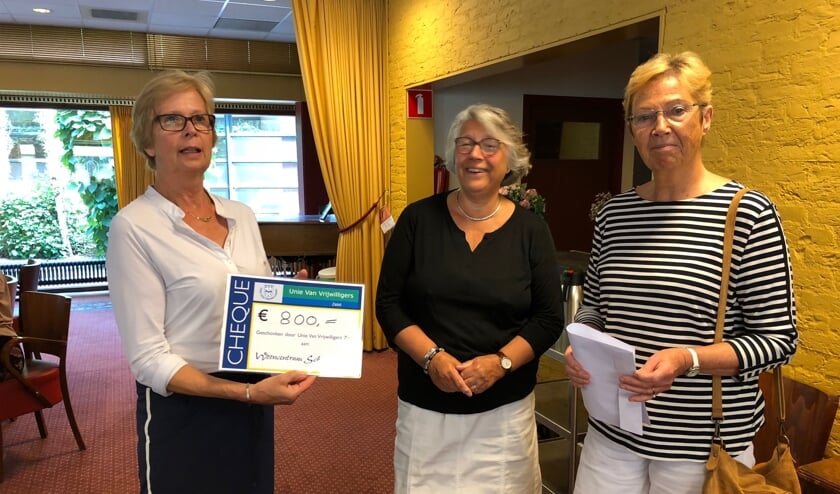 Ursula van Vliet (r) overhandigt de cheque t.w.v. 800 euro aan Meta Sleijster (l).