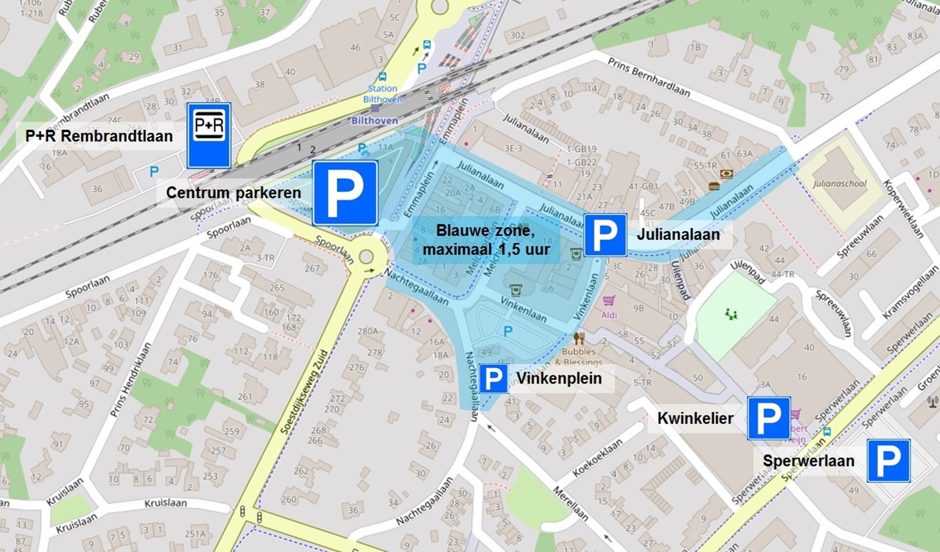 Zone maximaal 1,5 uur parkeren in Bilthoven.