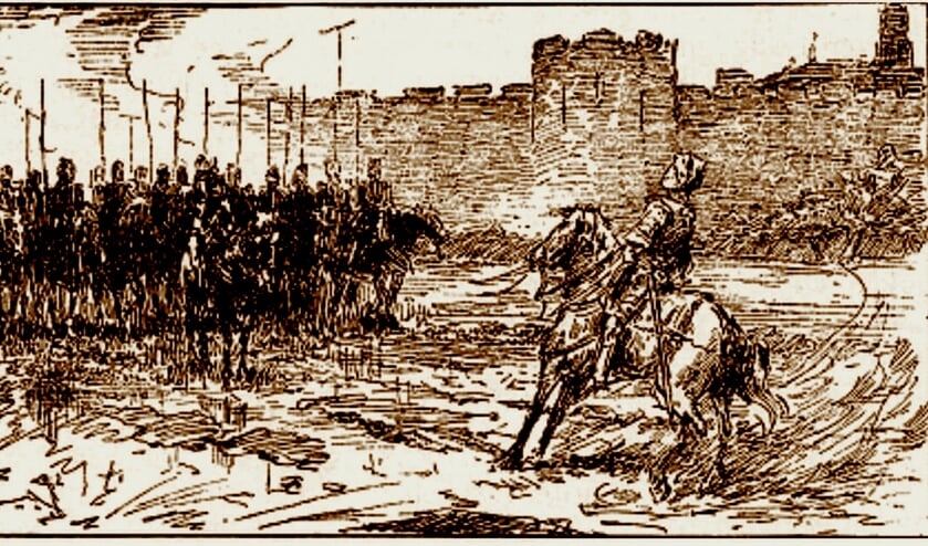 Prent in Oltmans’ boek ‘De schaapherder’; getoond wordt de troep die Westbroek aanviel onder de muren van Utrecht.