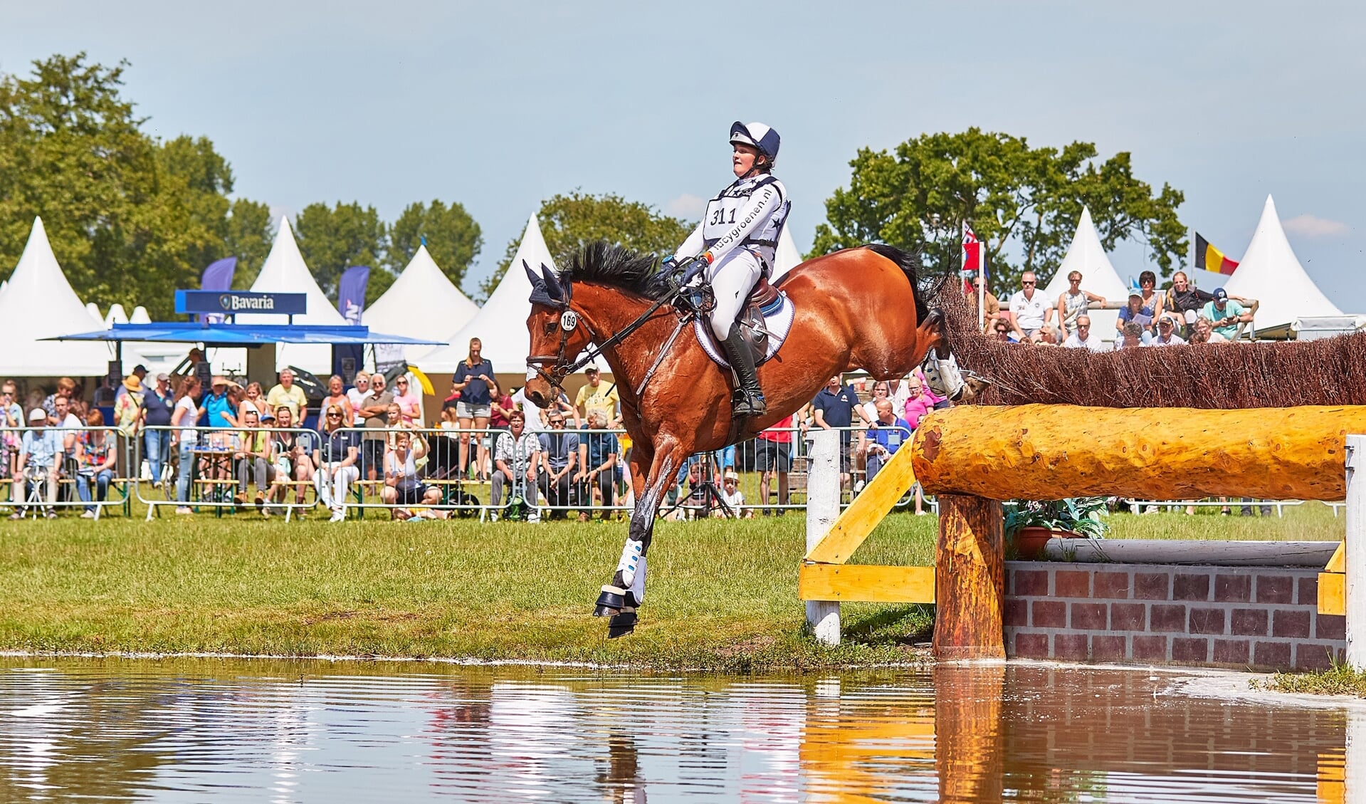 Lucy Groenen springt met haar 8-jarige Gyon over de heg het water in. (foto eventingfoto.com)