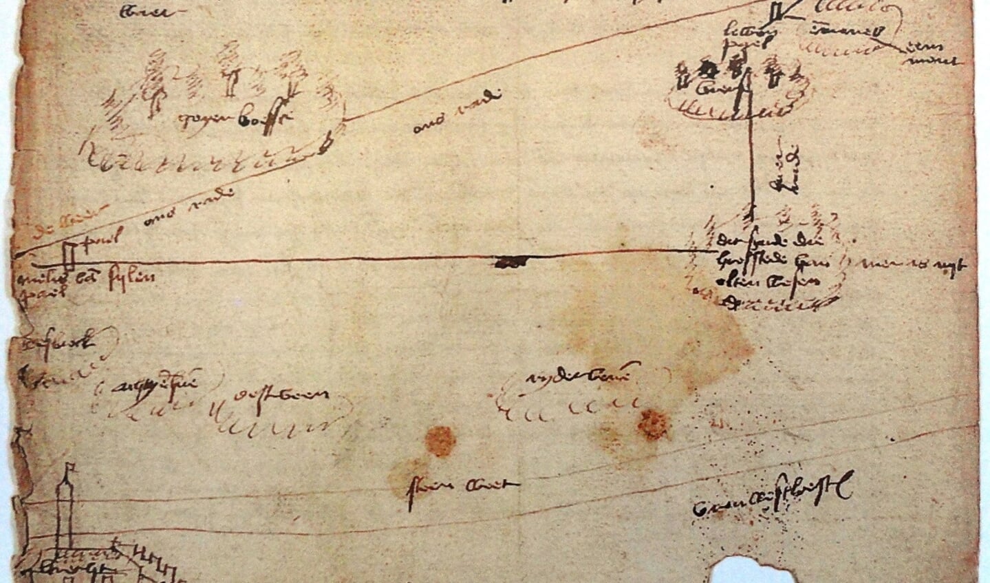 De oudste kaart: een schets uit 1472 waarop omstreden grenzen tussen het Sticht en Holland zijn afgebeeld. (Algemeen Rijksarchief Den Haag).