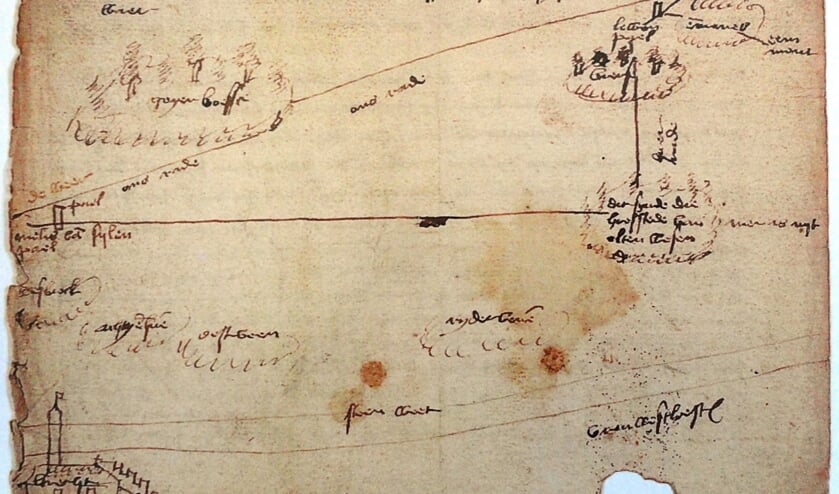 De oudste kaart: een schets uit 1472 waarop omstreden grenzen tussen het Sticht en Holland zijn afgebeeld. (Algemeen Rijksarchief Den Haag).
