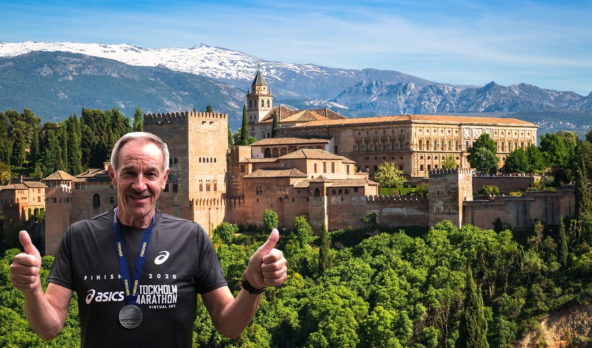 Rob Plijnaar na zijn deelname aan de ‘Stockholm marathon in Granada’. Op de achtergrond het Alhambra, het paleis van zowel de Moorse heersers als Karel V.