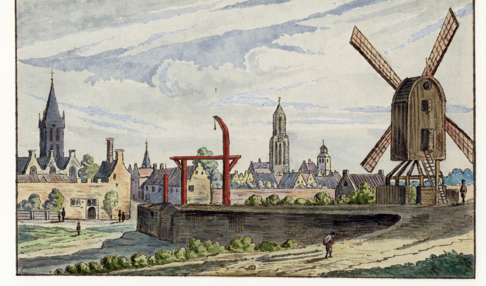 Het Paardenveld vanuit het noordwesten met het schavot en de Peerdeveltse molen in 1720 door een anonieme tekenaar gemaakt naar een prent van Abraham Rademaker. (Het Utrechts Archief)