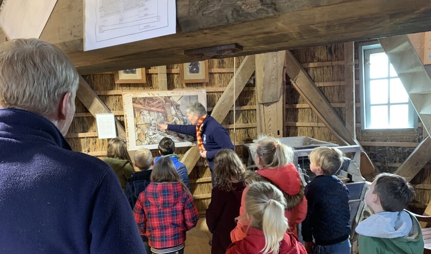 Kinderen volgen binnen aandachtig de uitleg via een oude plaat.