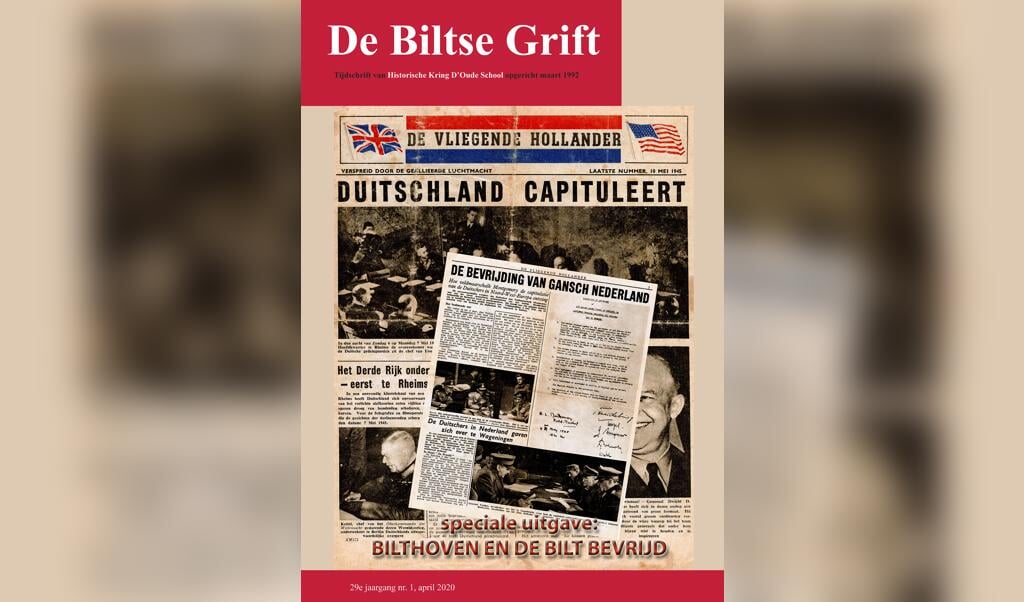 Op de voorpagina van De Biltse Grift het allerlaatste nummer van De Vliegende Hollander, een krantje dat regelmatig door vliegtuigen boven Nederland werd uitgestrooid, om de bevolking op de hoogte te houden van de oorlogshandelingen.