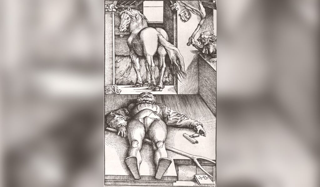Een prent van Hans Baldung Grien uit 1545, waarop diverse elementen uit het verhaal terugkomen, zoals de heks, de knecht, de stal en de gaffel. 