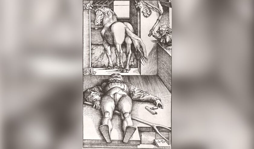 Een prent van Hans Baldung Grien uit 1545, waarop diverse elementen uit het verhaal terugkomen, zoals de heks, de knecht, de stal en de gaffel.