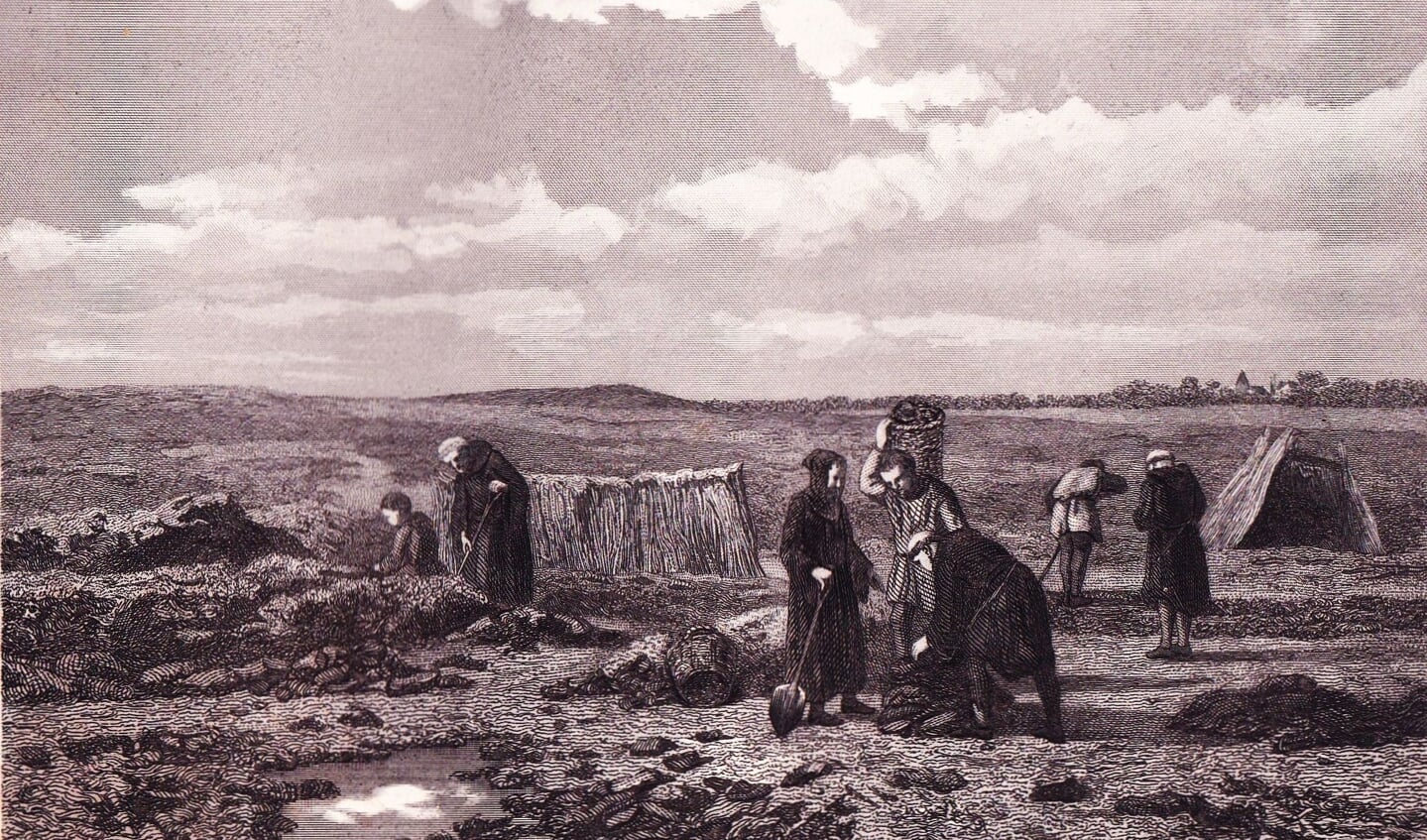 Boeren en geestelijken steken turf, gravure van een schilderij van S. van den Berg 1880.