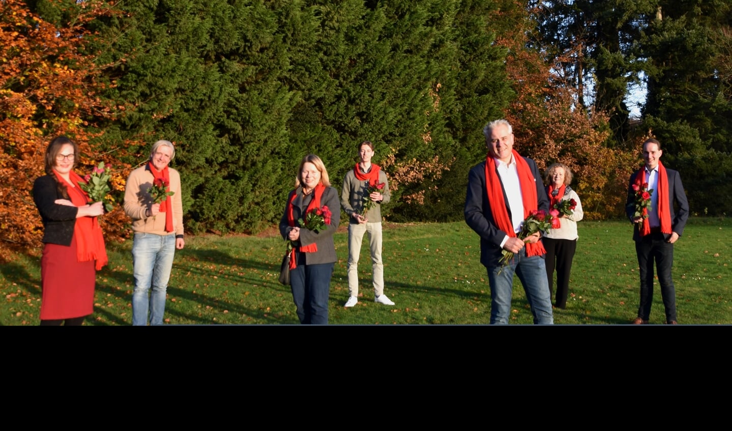 De 7 eerste kandidaten v.l.n.r. Margje Tempelaars, Martijn Lauxtermann, Gija Schoor, Jasper Stammes, Krischan Hagedoorn (lijsttrekker), Carry van de Kappelle en Peter Roozenboom.