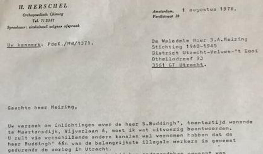 Fragment uit een getuigenis van onderduiker Herman Herschel over het grote belang van de Buddingh’s: ‘een van de belangrijkste illegale werkers...’