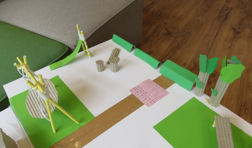 Het ontwerp van de duurzame speelplek met creatieve input van de leerlingen.