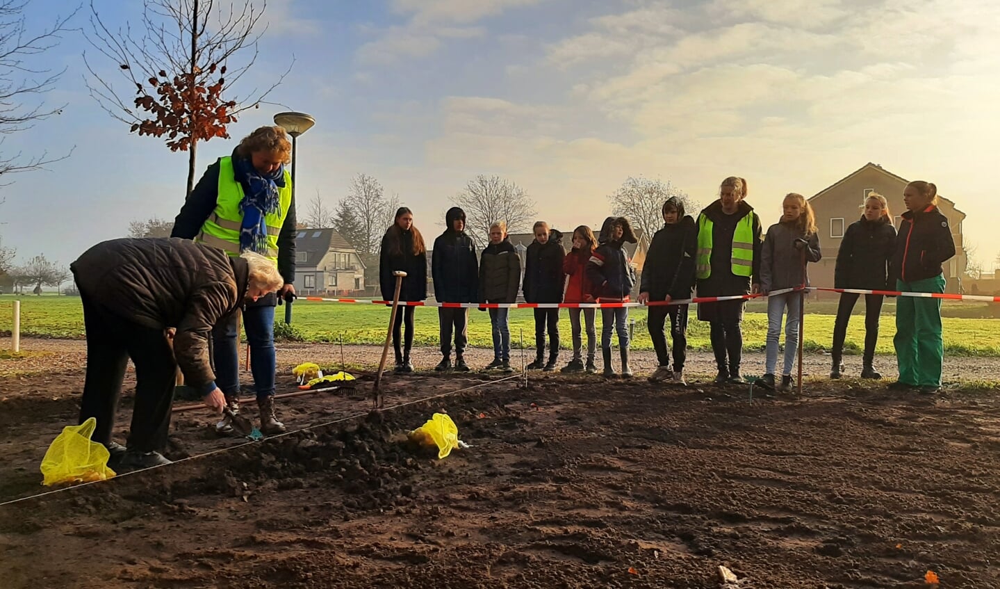 Mevrouw M. Lam-Jongeneel plant de eerste tulpenbol.