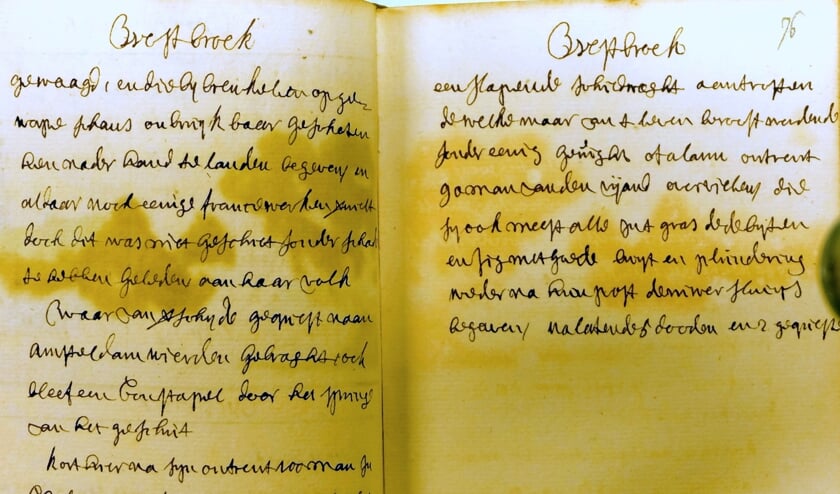 Een voorbeeldpagina's van bestudeerde bronnen in origineel schrift.