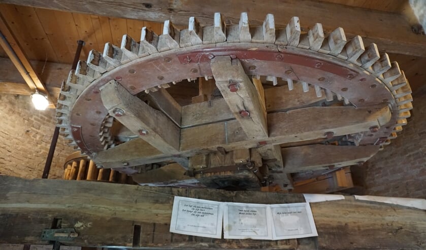 Het spoorwiel in het hart van de molen drijft de maalstenen aan.