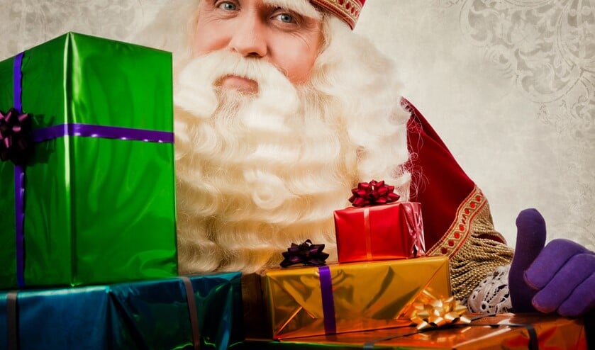 sinterklaas with gifts. Vintage Saint Nicholas in retro style with gifts. Dutch Santa Claus