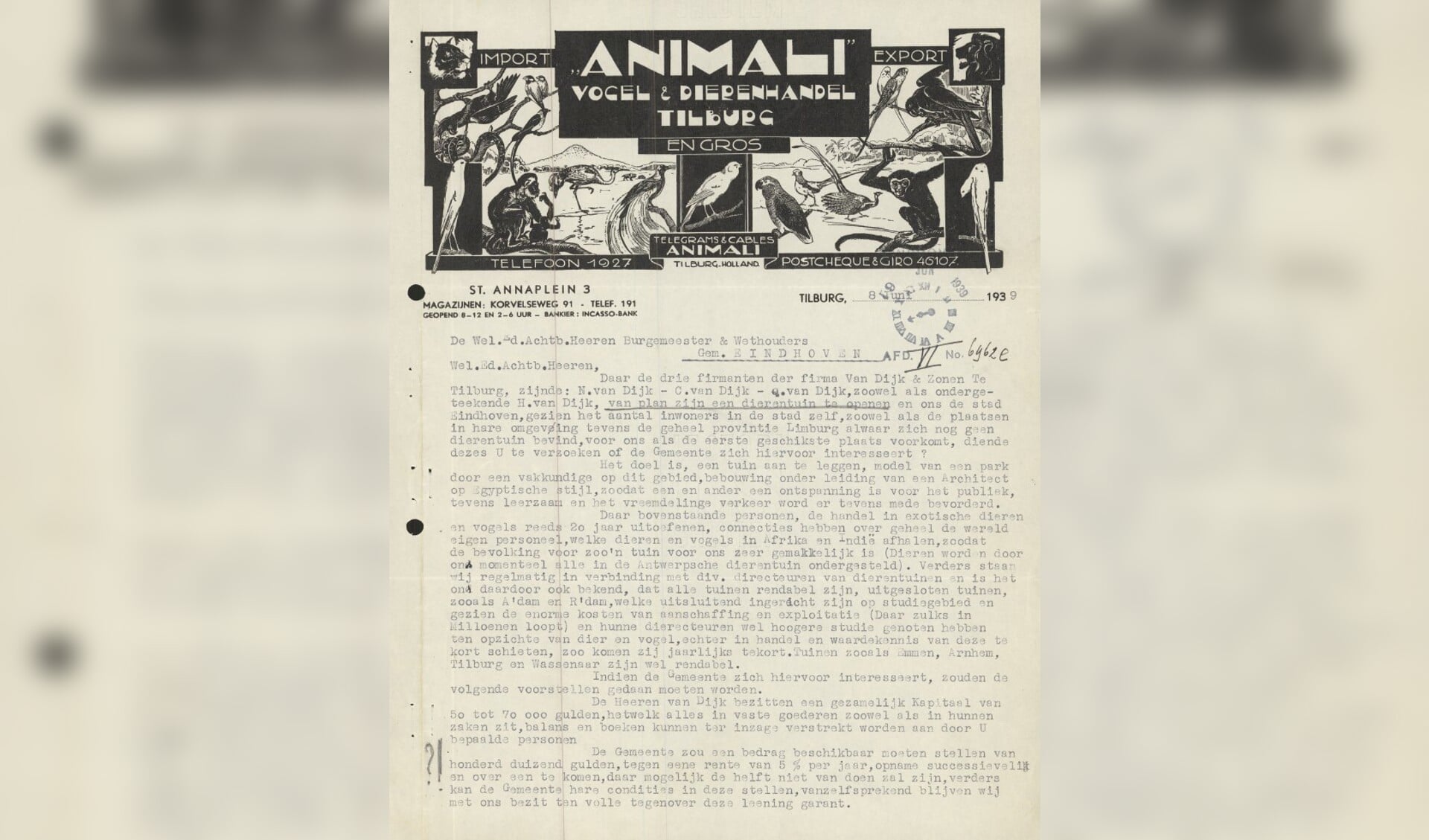 Een verzoekschrift van Animali uit 1939 om zich te mogen vestigen in Eindhoven.