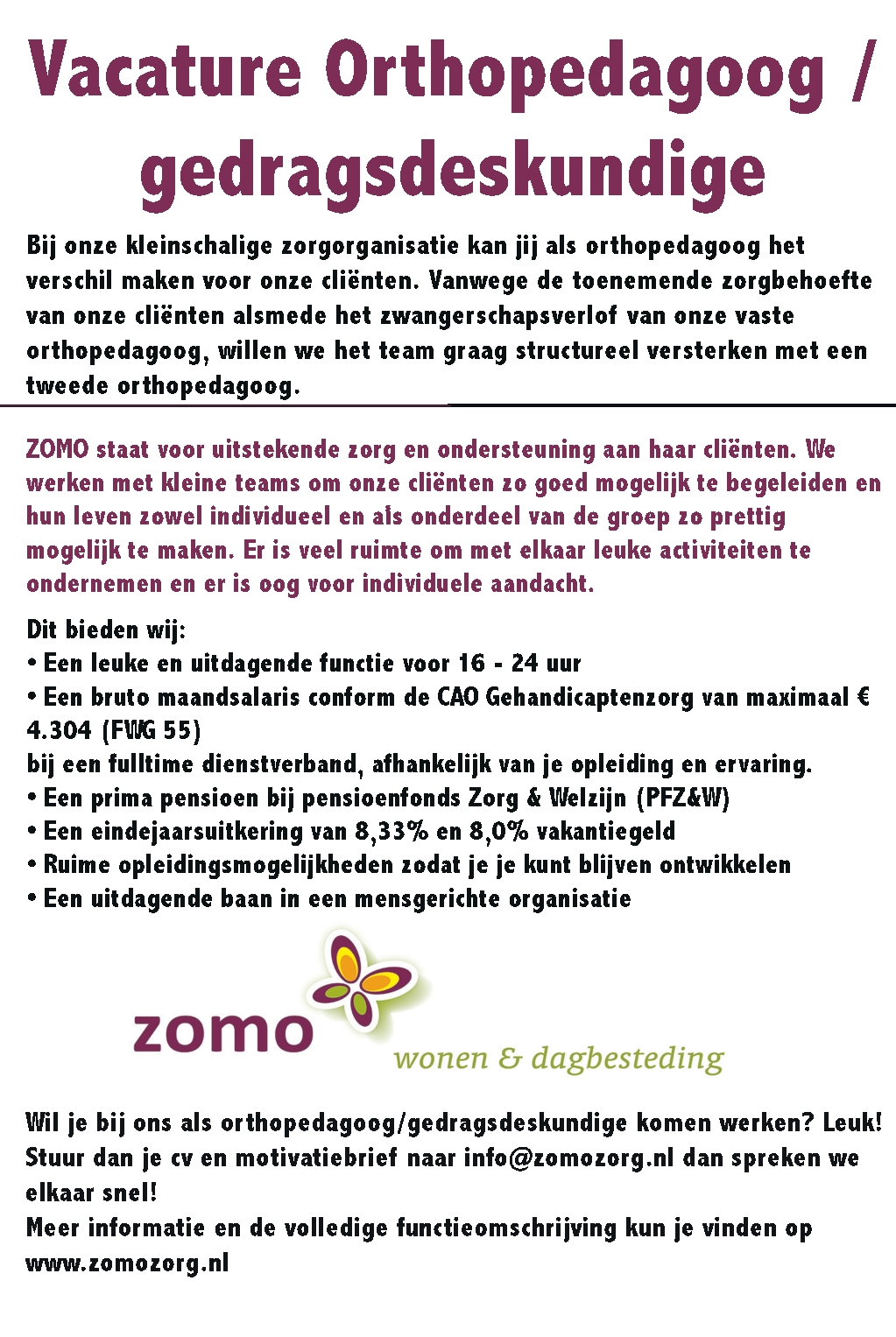 Vacature Orthopedagoog Gedragskundige Zomo Zorg B V