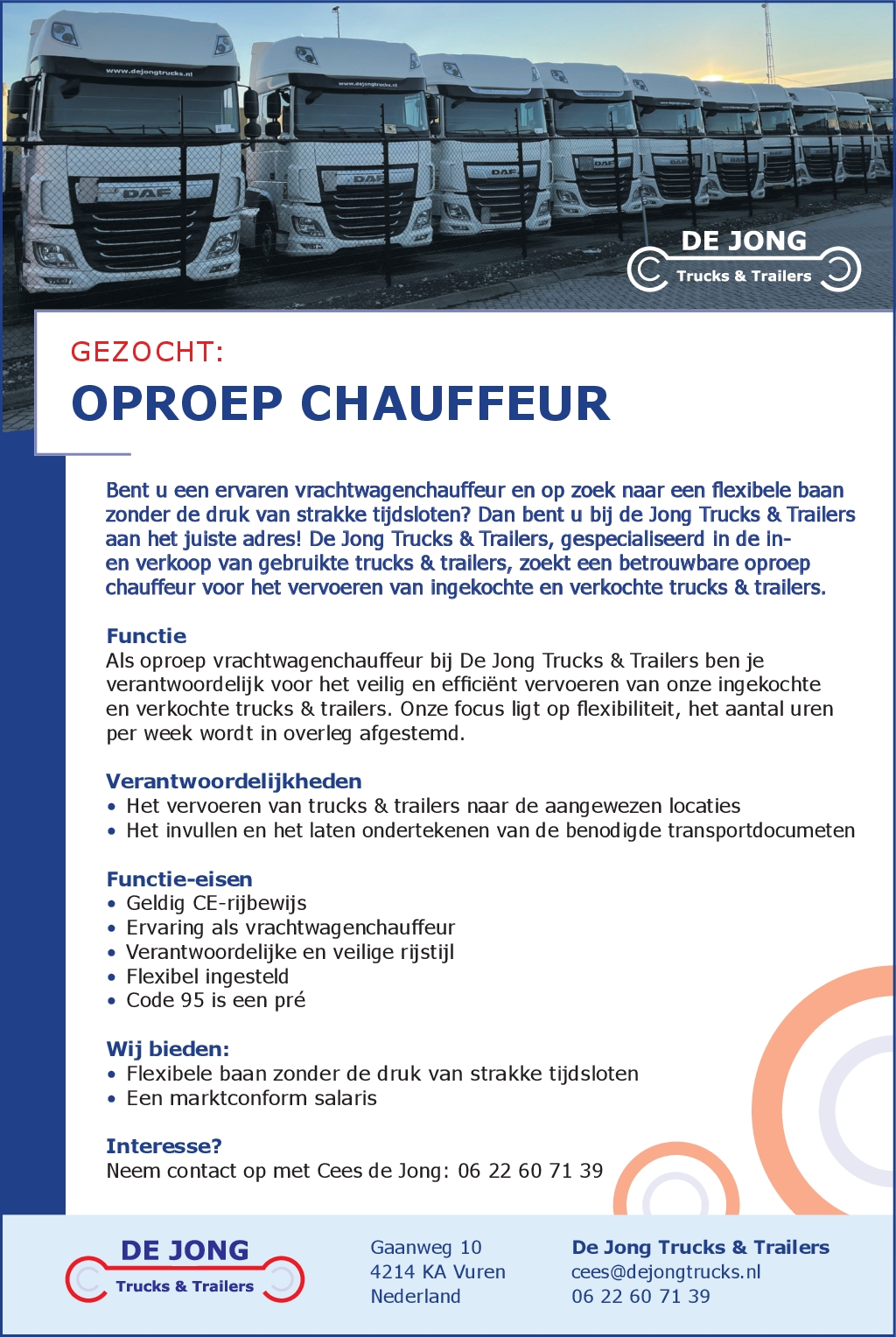 Vacature: Oproep Chauffeur - De Jong Trucks & Trailers