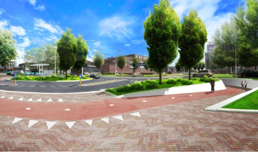 Impressietekening van de rotonde bij de entree van Bergambacht met fietstunnel.