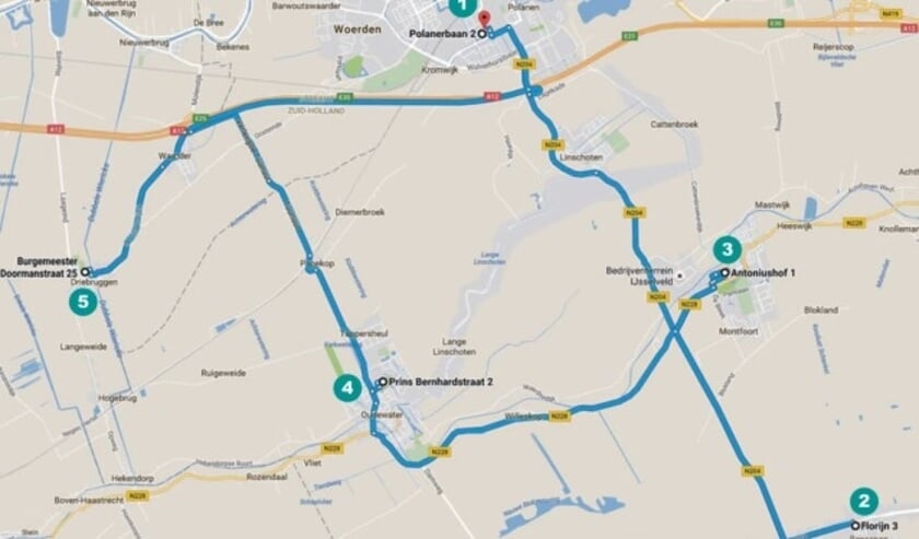 De route die de regiobus van het Zuwe Hofpoort Ziekenhuis rijdt.