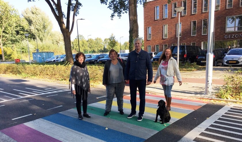 • Fractieleden van de VVD op het net aangelegde regenboogzebrapad.
