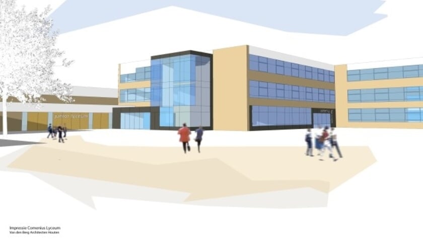 Zó gaat het Junior Lyceum van het Comenius College in Capelle eruit zien na de verbouwing. Links de nieuwe ingang van het Junior Lyceum voor nieuwe brugklassers, rechts de ingang van het Comenius Lyceum voor de leerlingen uit leerjaar 2 t/m 6. Foto: PR Comenius College