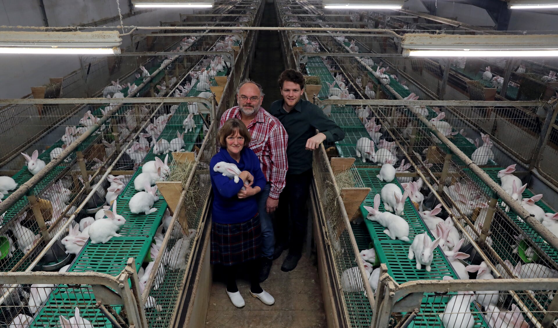 • Het gezin Kool in één van de stallen van hun konijnenfokkerij.
