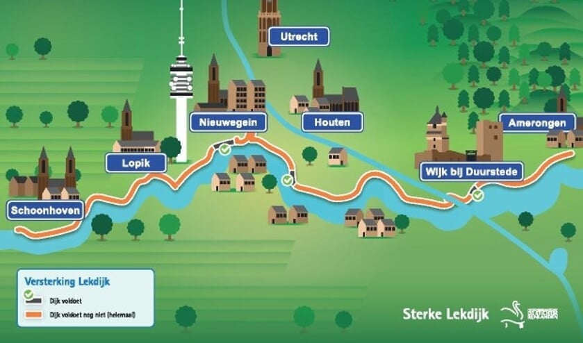 Het oranje gedeelte geeft aan waar de Lekdijk nog niet veilig genoeg is. Kaart: Stichtse Rijnlanden