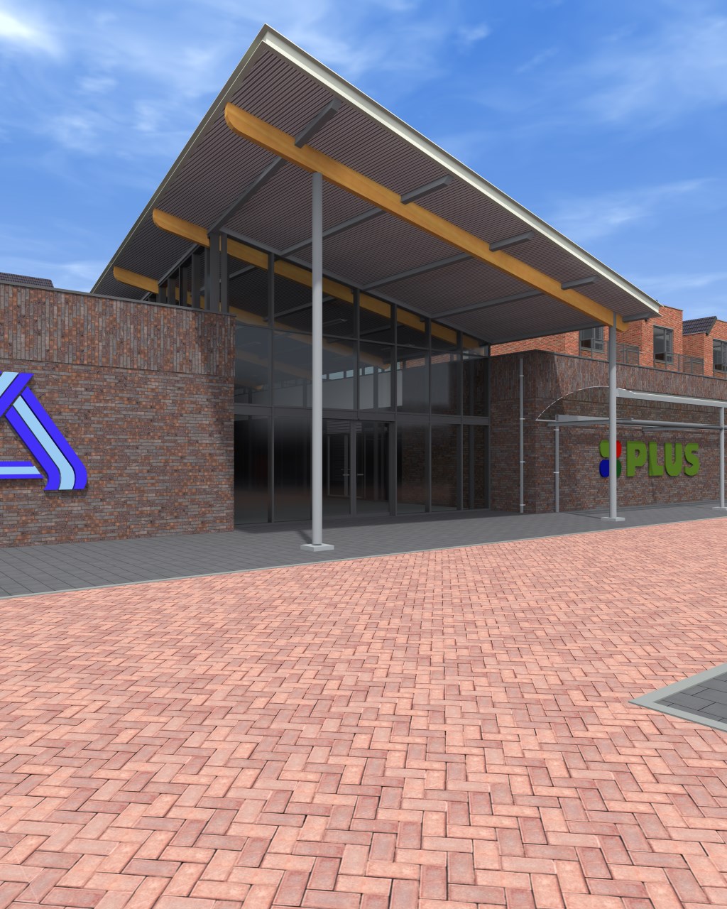 • De passage vormt de toegang tot beide supermarkten.