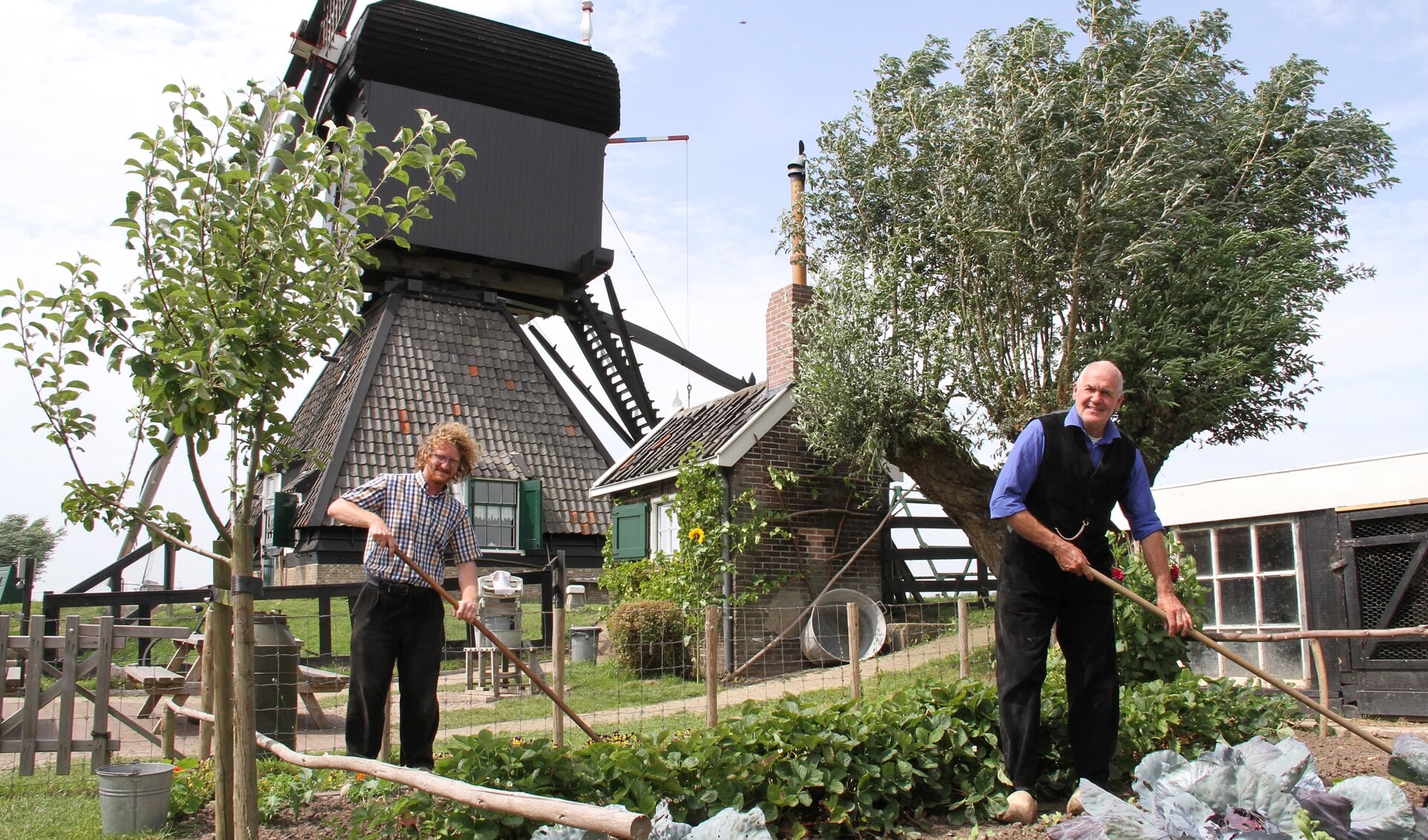 • Jan-Willem (links) en Aad Schouten laten zien hoe molenaars in de jaren vijftig leefden. Dus werken ze ook in de moestuin.