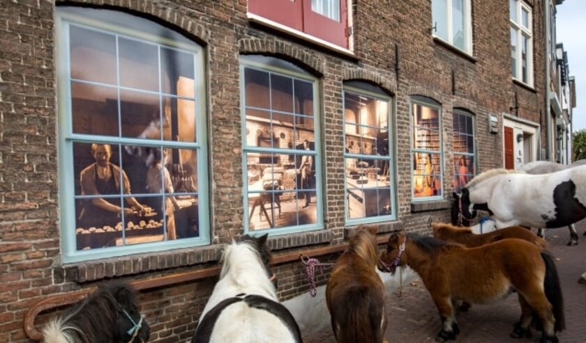 Pony's en paarden bij bakker Van Ooijen, een sfeervol plaatje in de binnenstad van Tiel. (Foto: Jan Bouwhuis)  