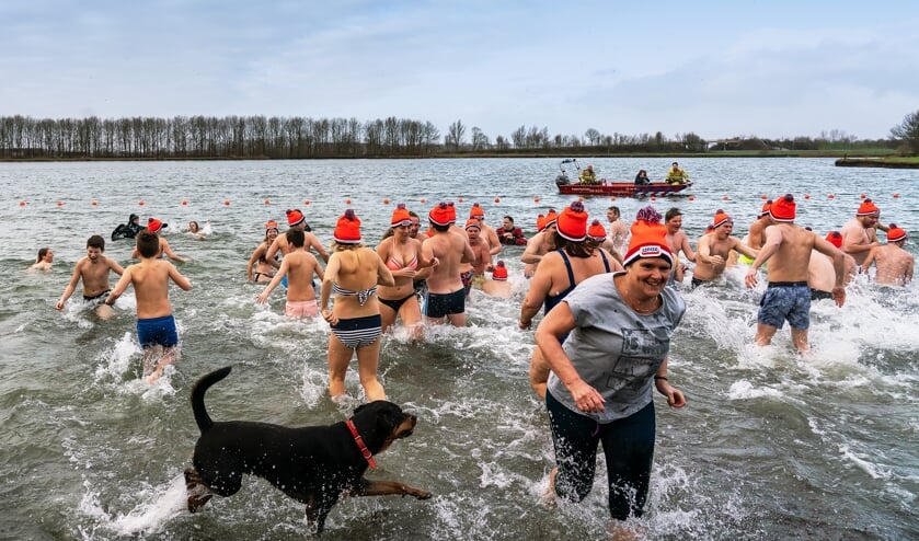 • De Nieuwjaarsduik in Herwijnen trok 51 deelnemers.   