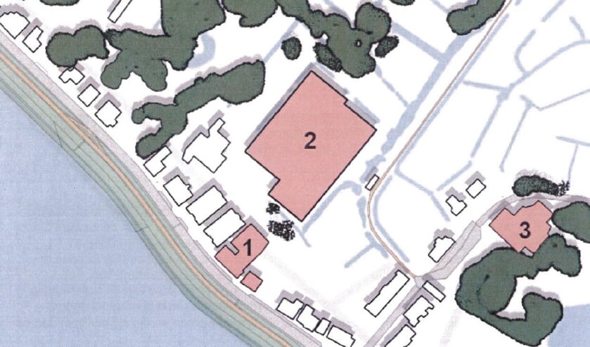 • Een schets van de drie locaties: 1. Wooncentrum Baas, 2. kassen Jonker en 3. voormalige wasserette.