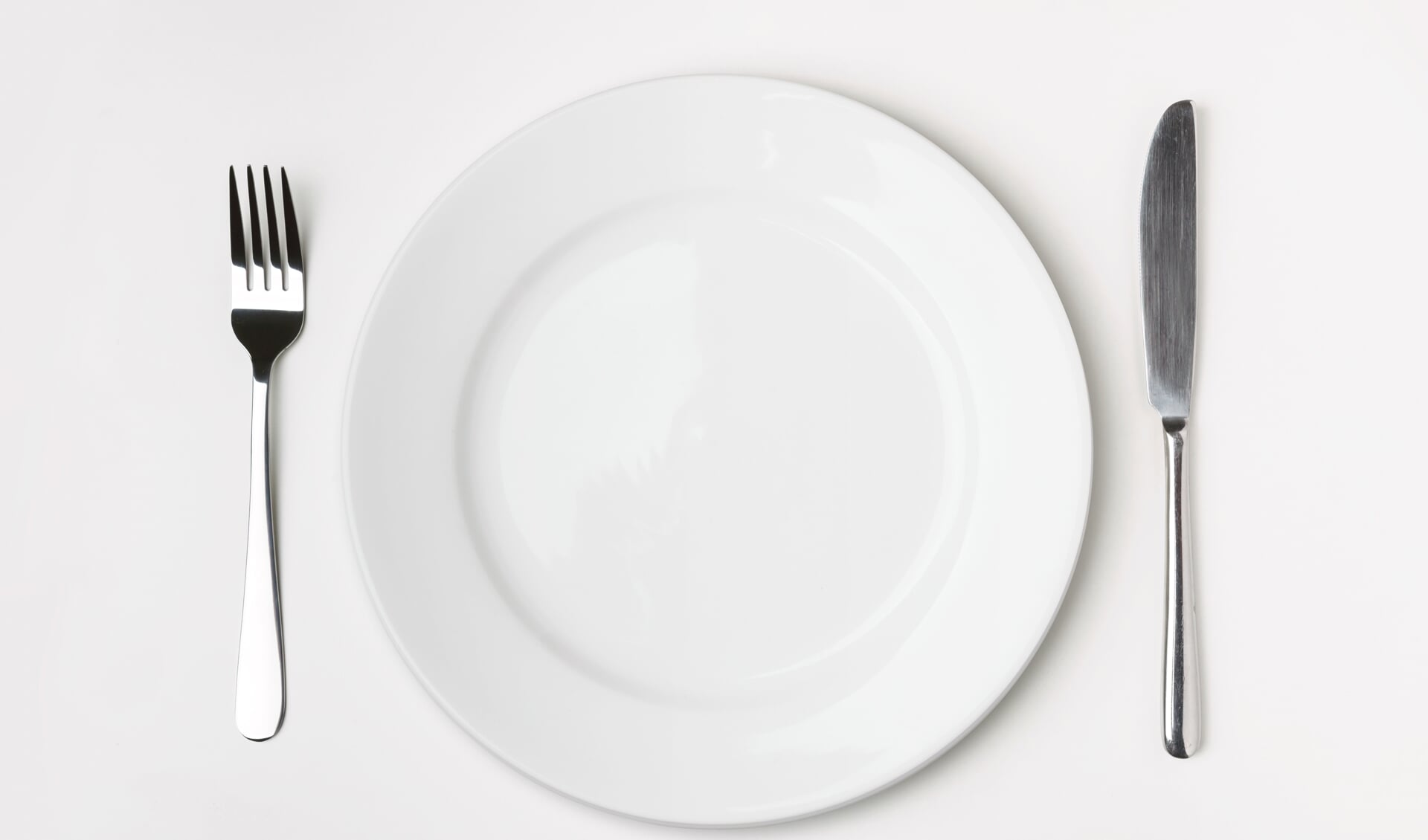 Knife, Fork and plate on table isolated.