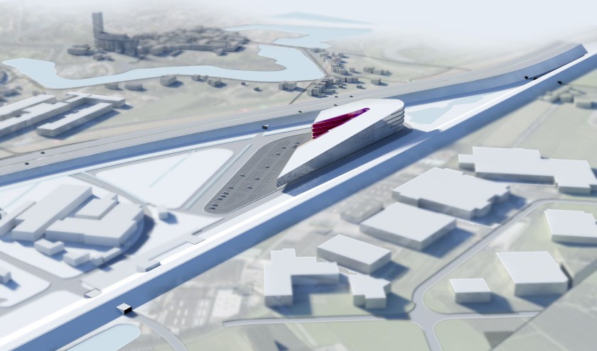 • Zo zou het Leisure Dome er uit kunnen gaan zien. Rechts het spoor, links de A2.