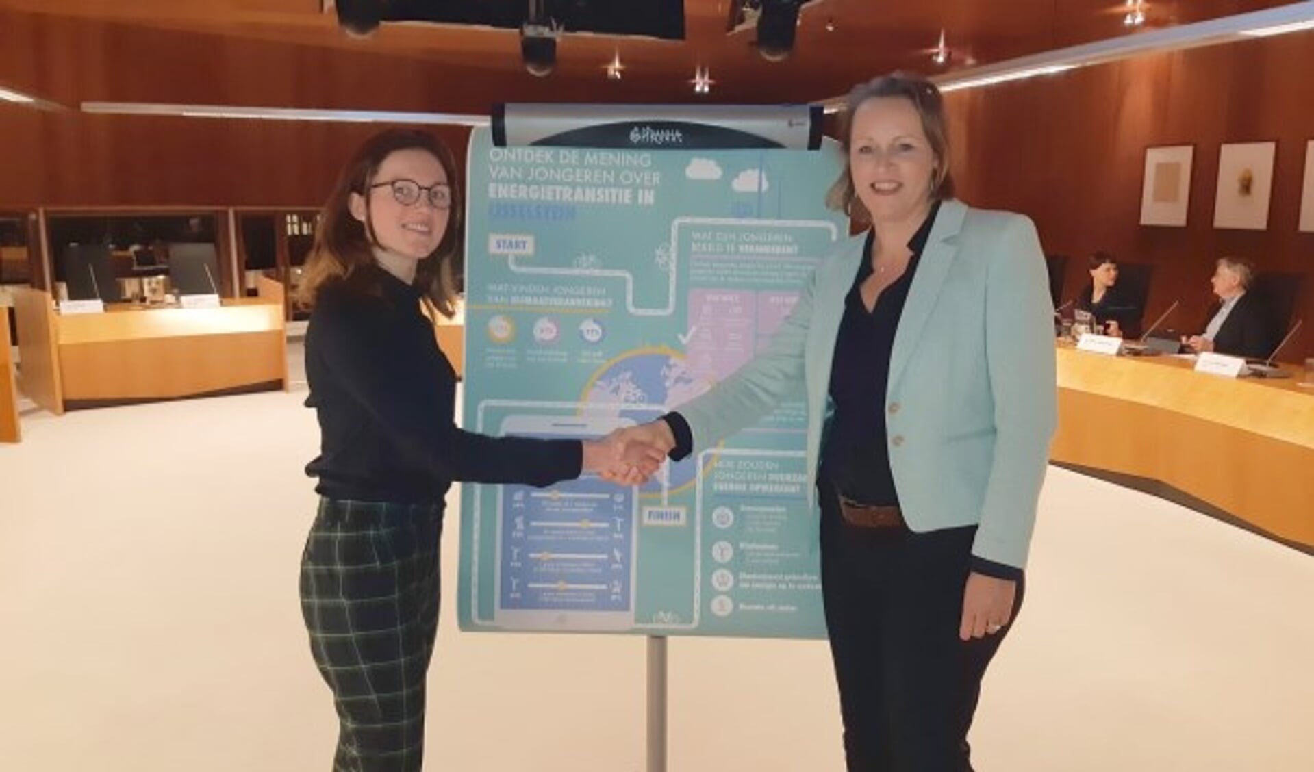 Emma van den Brink (links) presenteerde met een collega in de commissie Ruimte de uitslag van het online onderzoek over het klimaat onder jongeren. Voorzitter Van Dijk ontving de gegevens. (Foto: Gemeente)