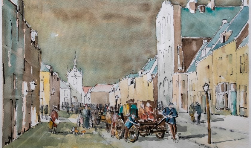 • Het is rond 1800 en slachtoffers van de overstromingen bereiken de binnenstad van Vianen. Aquarel 2019, Gerard van Straten, Lexmond.
