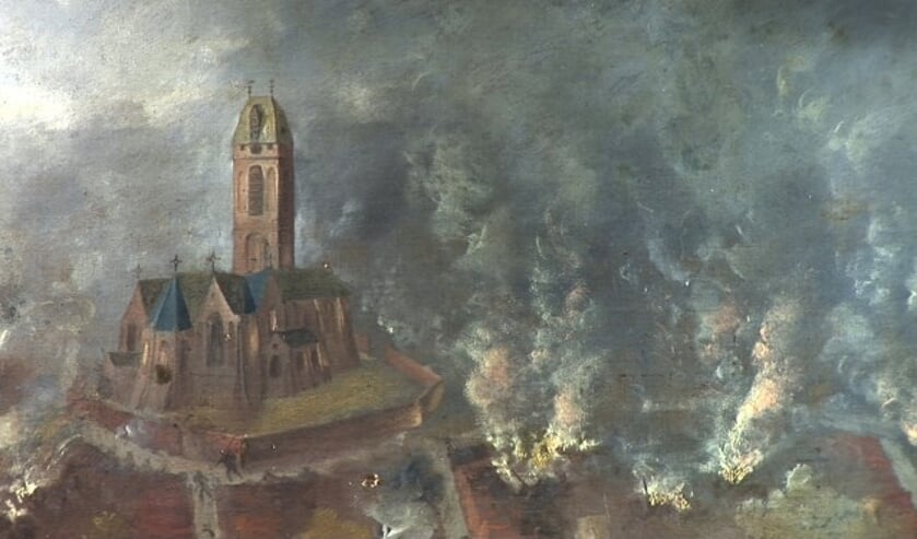 Detail van het 4.78 meter brede en 1.78 meter hoge doek van Dirck Stoop uit 1650. In 1575 zette een Spaanse troepenmacht Oudewater in vuur en vlam, plunderde de stad en doodde tal van inwoners.   