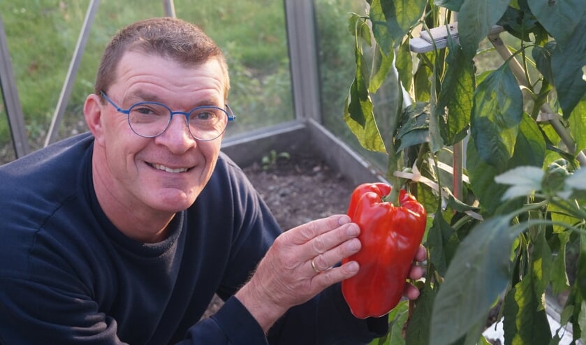 • Hans Korevaar met zijn grote paprika.