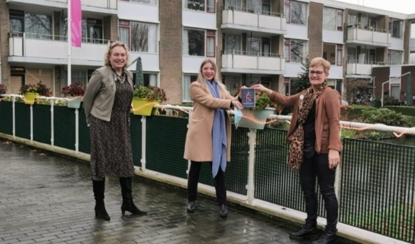 <p>Anastasia van der Lugt en Melanie Reindertsen verrasten zorgcoördinator Marry Langerak-Versluis met de eerste dvd voor de bewoners, om na te genieten van het optreden in het Fulcotheater. (Ingezonden foto)</p>
