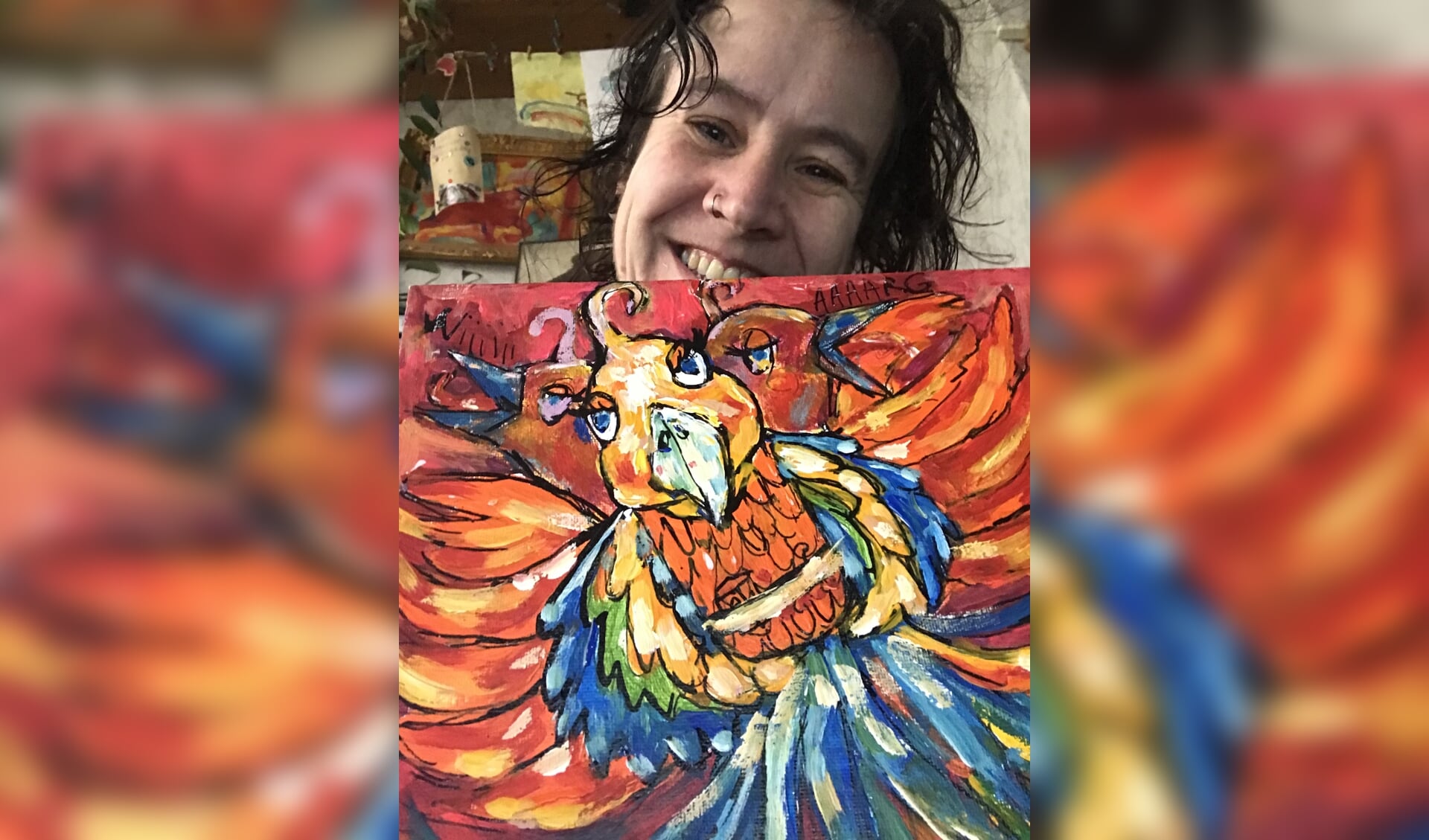 • Miek met haar eigen geschilderde ADHD papegaai Sjaak.