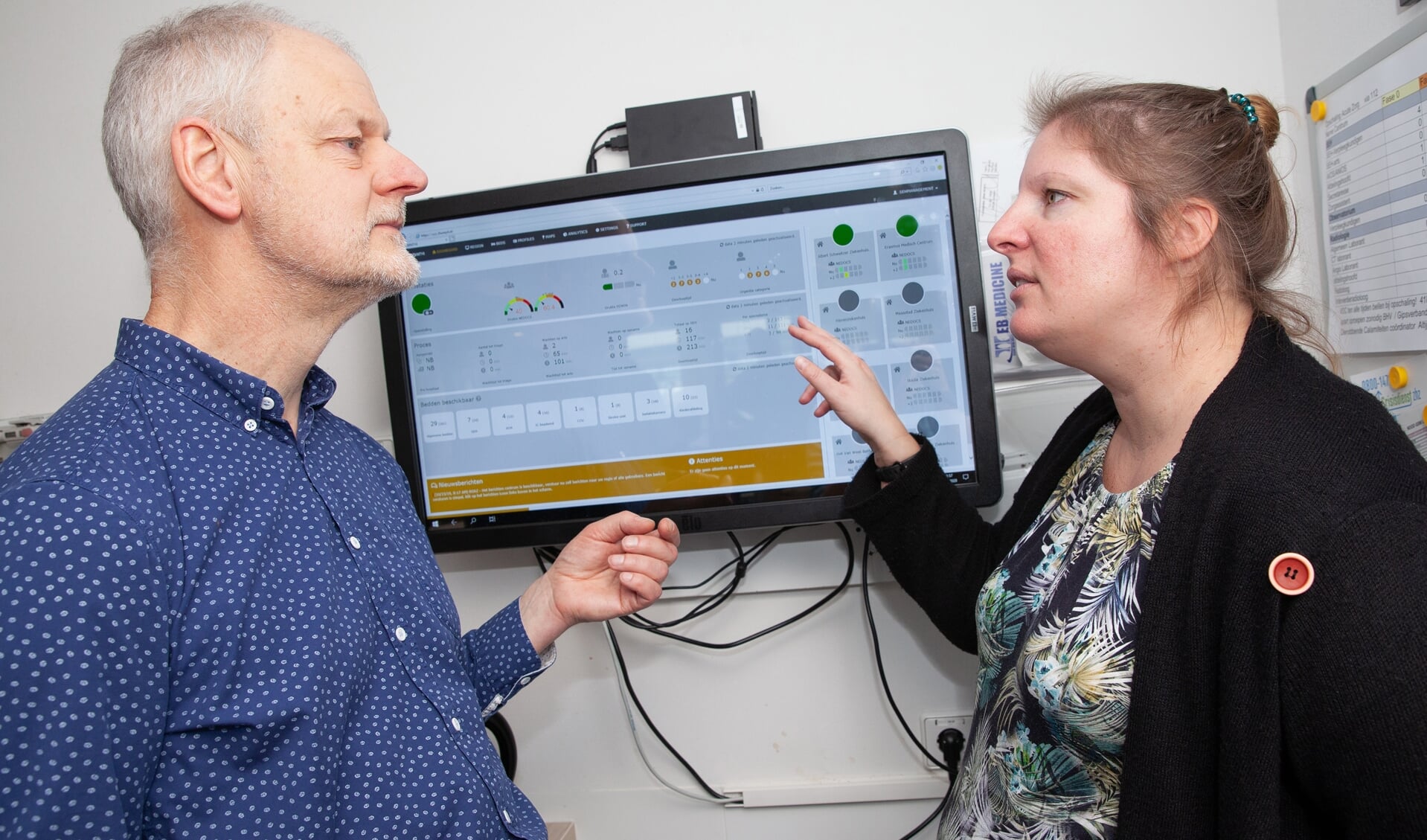 SEH-arts Annemarie van der Velden en applicatiemanager Wim de Graaf van het Albert Schweitzer ziekenhuis bij het 2TWNTY4-dashboard: 'Iedereen ziet elkaars drukte en capaciteit realtime'.