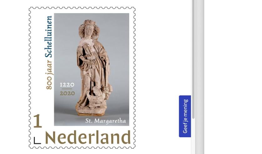 • De postzegels v.l.n.r.: Een ridder van de commanderij, De ‘pijpaarden Margaretha’, een zeldzaam beeldje uit Schelluinen, Het Schelluinse jachtslot en ‘kasteeltje’ Schelluinderberg.